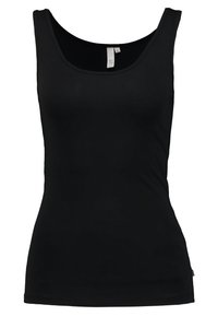Musta tank top, joka on valmistettu sileästä kankaasta. Siinä on pyöreä pääntie ja leveät olkaimet, muotoiltu istuvuus ilman kuvioita tai lisätietoja.
