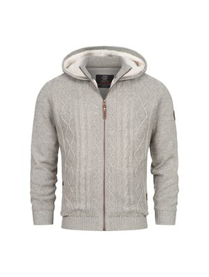 Grå stickad hoodie med ett kabelmönster, utrustad med en krämfärgad fleecefoder, dragkedja fram och ribbade mudd och fåll. Läderlogotyp på ärmen.