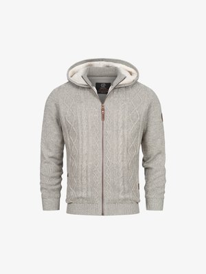 Gray knitted hoodie with a cable pattern, featuring a cream fleece lining, zip front, and ribbed cuffs and hem. Leather logo patch on sleeve.