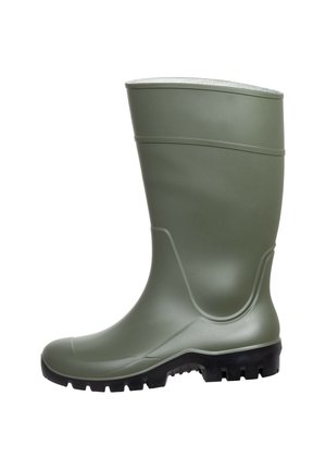 Tall green rubber boot with textured black sole designed for outdoor or wet conditions.