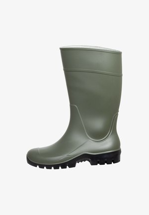 Tall green rubber boot with textured black sole designed for outdoor or wet conditions.