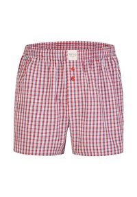Boxer in cotone a scacchi rosso, blu e bianco con elastico in vita e due bottoni frontali. Tessuto morbido e design a taglio largo.