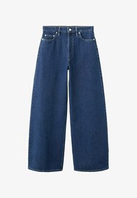 Pantalones vaqueros de mezclilla azul oscuro de pierna ancha con cintura alta, cinco bolsillos, cierre de botones y trabillas para cinturón.