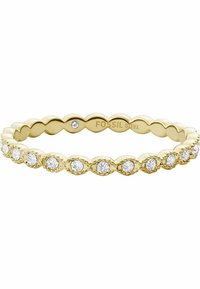 Gold-tone stainless steel ring with a scalloped design, featuring clear round stones set in a continuous pattern along the band.