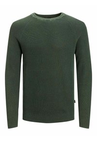 Grüner gerippter Pullover aus strukturiertem Stoff. Verfügt über einen Rundhalsausschnitt und lange Ärmel mit einem enganliegenden Saum.