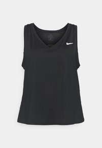 Top atletico senza maniche di colore nero con scollo a V, realizzato in tessuto traspirante, con un piccolo logo Nike bianco sul lato sinistro del petto.