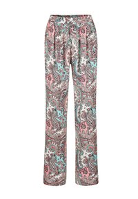 Pantalons à motifs avec un design paisley en rose, turquoise et blanc. Fabriqués en tissu léger avec une taille élastique.