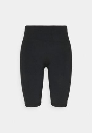 Zwarte hoog getailleerde aangesloten sportshorts met middendijlengte en nette naadstiksels op een effen lichte achtergrond.