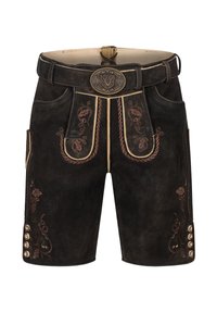 Pantaloni corti in pelle marrone scuro con motivi floreali ricamati, una cintura decorativa con una fibbia circolare e dettagli con bottoni sui lati.