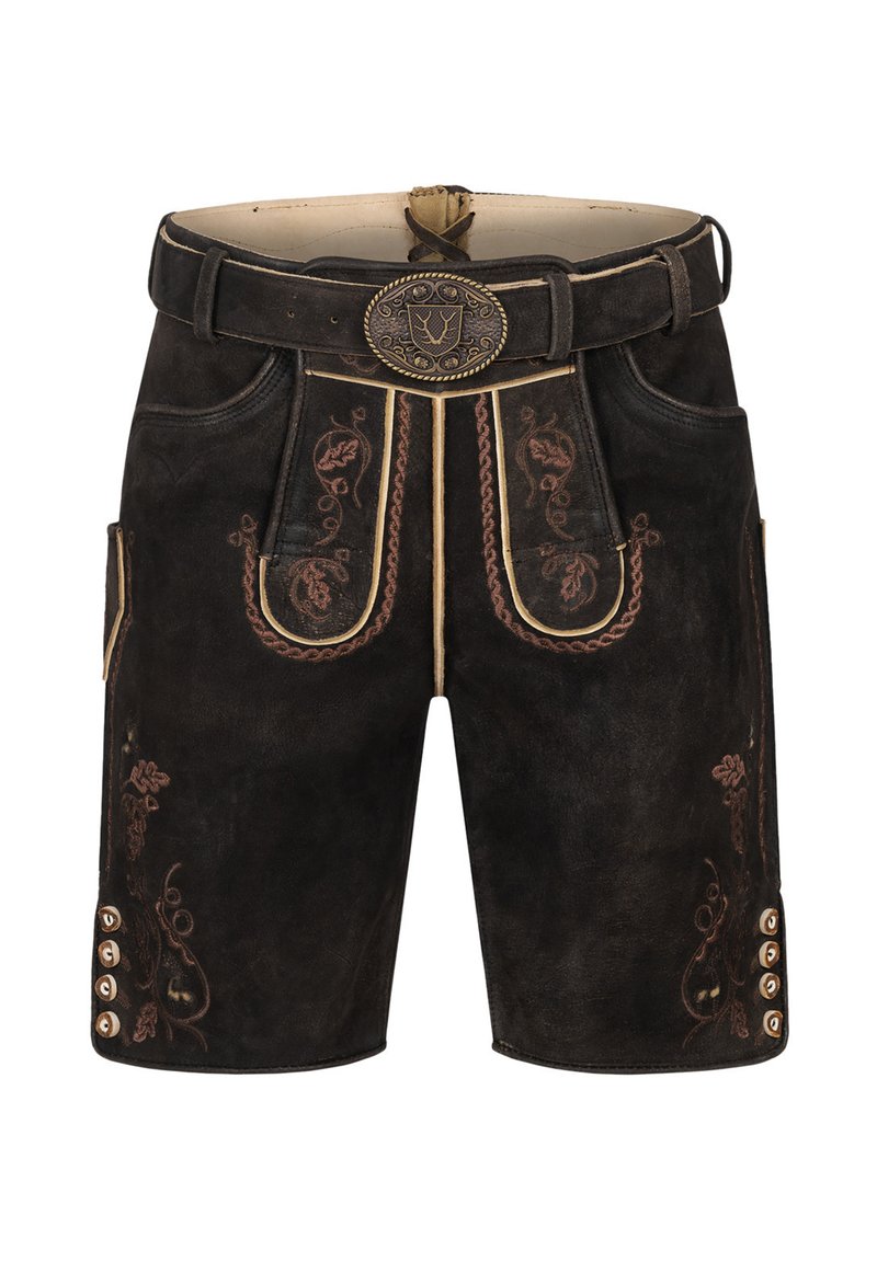Pantaloni corti in pelle marrone scuro con motivi floreali ricamati, una cintura decorativa con una fibbia circolare e dettagli con bottoni sui lati.