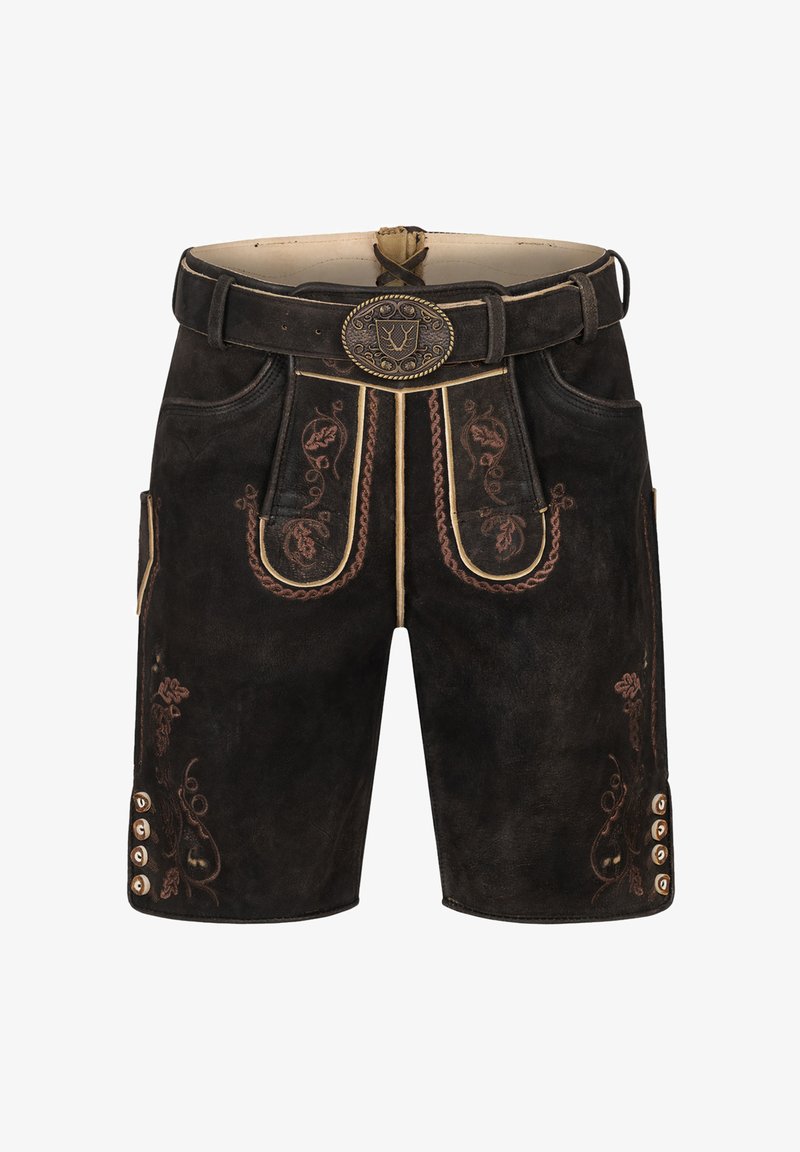 Pantaloni corti in pelle marrone scuro con motivi floreali ricamati, una cintura decorativa con una fibbia circolare e dettagli con bottoni sui lati.