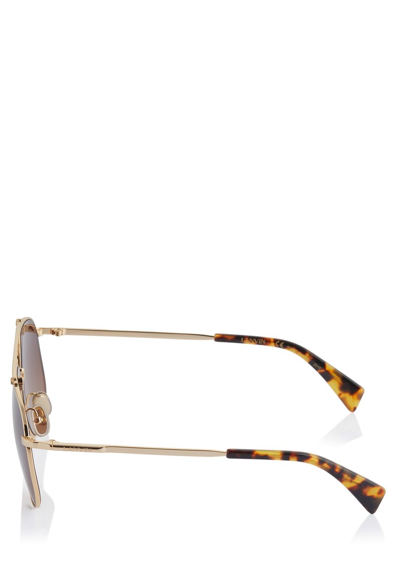 Lunettes de soleil avec monture en métal doré, de forme géométrique, verres dégradés marron et branches en acétate à motifs écaille.