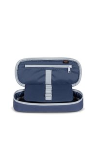 Navyblå nylonkostymväska med grå dragkedja och foder. Har en innerficka och elastiska hållare för organisering. Kompakt och strukturerad design.