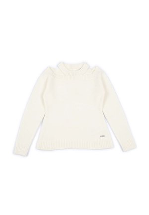 Maglione bianco a maglia con collo a imbuto a costine e spacchi sulle spalle. Presenta maniche lunghe e una cintura a costine. Etichetta del marchio discreta all'orlo.