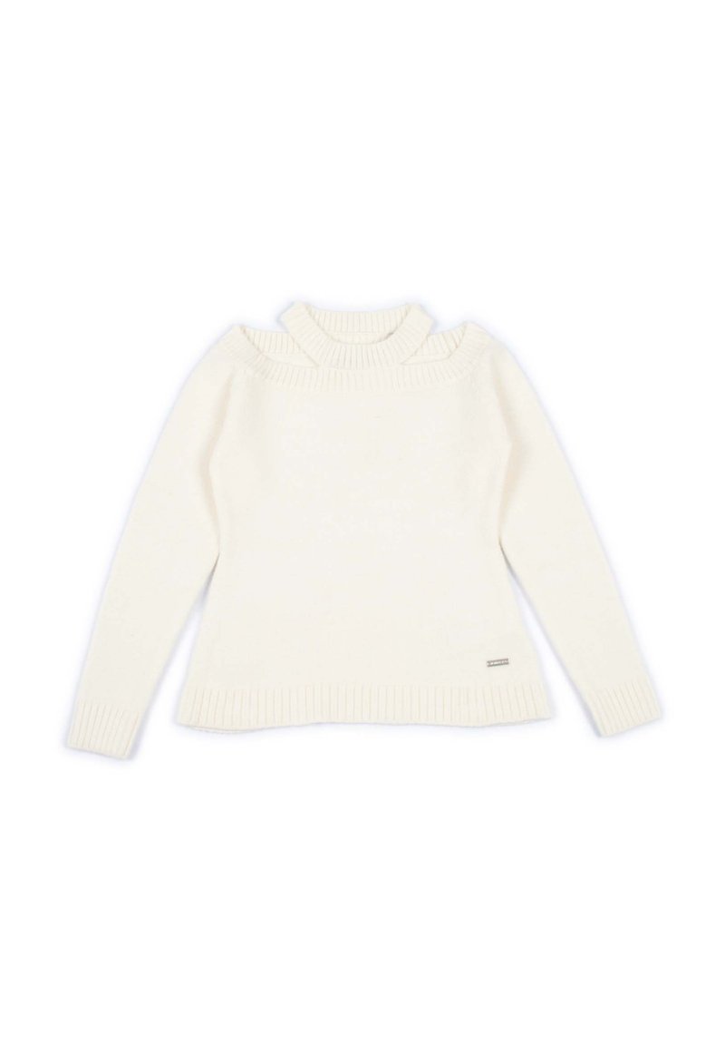 Maglione bianco a maglia con collo a imbuto a costine e spacchi sulle spalle. Presenta maniche lunghe e una cintura a costine. Etichetta del marchio discreta all'orlo.