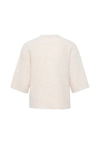 Pull en maille duveteuse de couleur crème avec épaules tombantes et manches longueur coude, montré de dos sur fond blanc.
