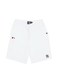 Pantaloni corti bianchi in tessuto morbido, con il logo nero dei New York Yankees e un cordino in metallo in vita.
