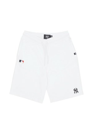 Pantaloni corti bianchi in tessuto morbido, con il logo nero dei New York Yankees e un cordino in metallo in vita.