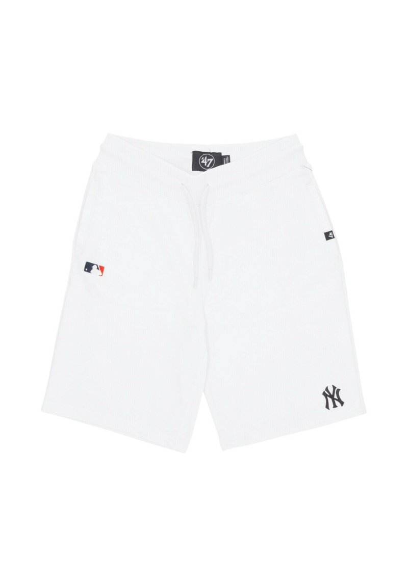 Pantaloni corti bianchi in tessuto morbido, con il logo nero dei New York Yankees e un cordino in metallo in vita.