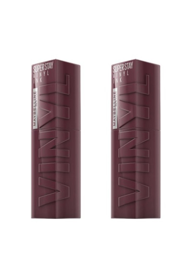 Maybelline Superstay Vinyl Ink dans un emballage bordeaux profond avec un logo "VINYL" texturé, de forme rectangulaire et finition brillante.