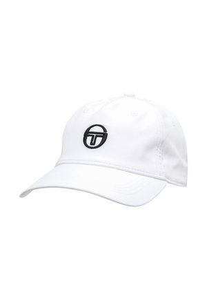 Casquette de baseball blanche avec visière incurvée et logo circulaire noir arborant un "T" stylisé au centre avant.