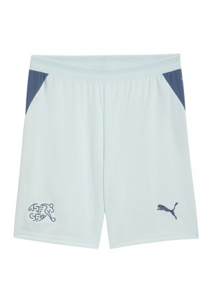 Lichtblauwe sportshorts met donkerblauwe zijpanelen, het logo van de Zwitserse Voetbalbond op het linkerbeen en het Puma-logo op het rechterbeen.