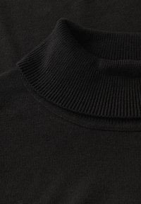 Un pull à col roulé noir avec un col côtelé et une texture lisse, au design ajusté et à la construction sans couture.
