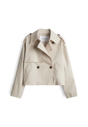 Beige cropped trench coat with double-breasted buttons, large front pockets, epaulettes, and a smooth fabric texture. Brand label inside.