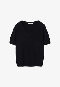 Top negro de manga corta con diseño de escote en V, que presenta un patrón texturizado y un ajuste holgado, hecho de tela suave de punto.