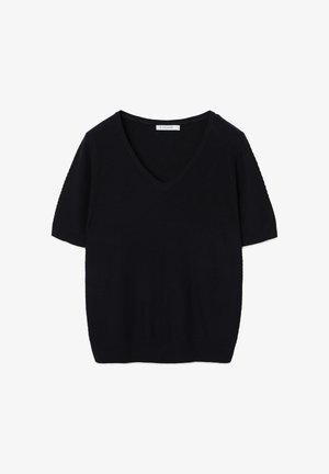 Top negru cu mâneci scurte și decolteu în V, cu un model texturat și croială lejeră, realizat dintr-un material tricotat moale.