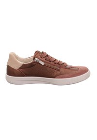 Braun-beige Leder-Sneaker mit seitlichem Reißverschluss, Schnürung an der Vorderseite und weißer Gummisohle, von der Außenseite gezeigt.