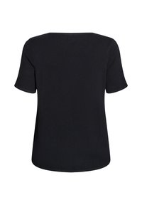 Melnā īsroku T-krekls ar apaļu apkakli, gludu tekstūru, brīvu pieguļamību un noapaļotu apakšu. Nav redzamu rakstu vai akcentu.