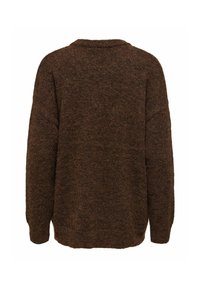 Brun strikket sweater med en afslappet pasform, tekstureret overflade, brede ærmer og en lav krave. Bagudsiende har den en lige kanten.
