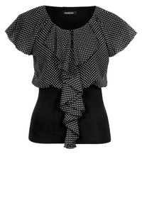 Černá blůza s krátkým rukávem a bílými puntíky, s volánkovým překrytím a kaskádovým předním detailem.