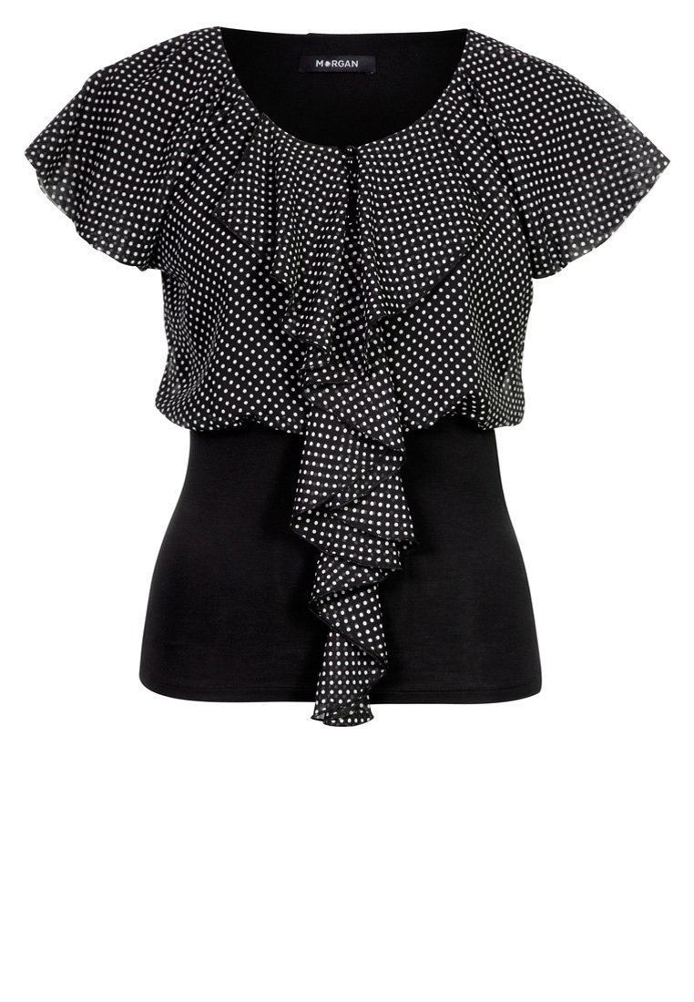Černá blůza s krátkým rukávem a bílými puntíky, s volánkovým překrytím a kaskádovým předním detailem.