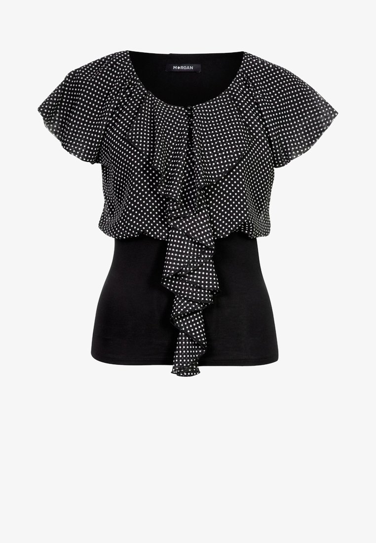 Černá blůza s krátkým rukávem a bílými puntíky, s volánkovým překrytím a kaskádovým předním detailem.