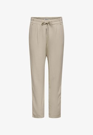 Beige casual pants with elastic waistband and drawstring, straight fit, and subtle front pleats.