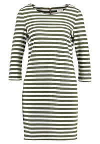 Pruhované šaty v olivově zelené a bílé, se třičtvrtinovými rukávy, kulatým výstřihem a zipem na zadní straně. Hladká textilie.