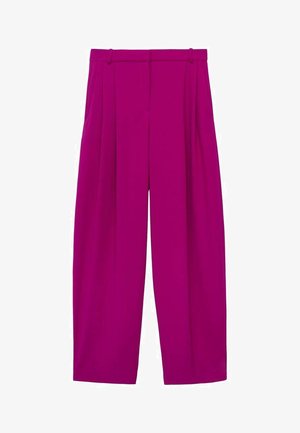 Fuchsia wide-leg trousers with pleats, featuring a smooth texture and a high waist. Includes belt loops and a tailored silhouette.
