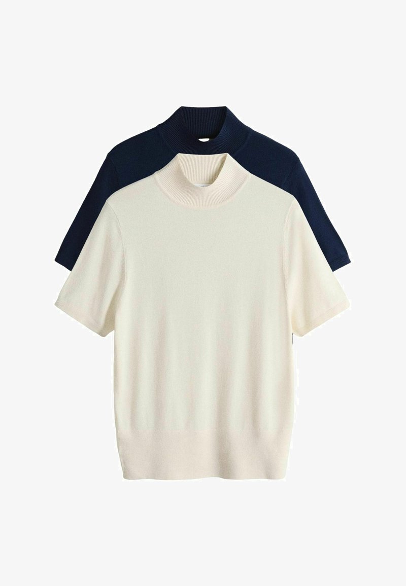 Două pulovere cu mâneci scurte și guler tip mock, una crem în față și una bleumarin în spate, afișate pe un fundal alb.