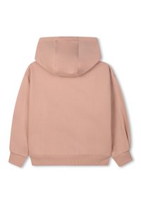 Sweatshirt à capuche en tissu rose doux, avec des poignets et un ourlet côtelés. Le design à l'arrière est lisse sans embellissements supplémentaires.
