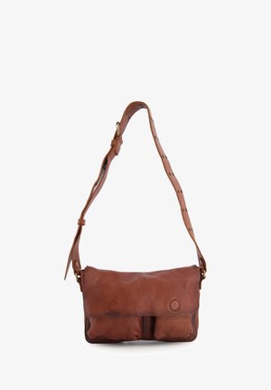 Brown leather shoulder bag with adjustable strap, rectangular shape, two front pockets, and button closures. Smooth texture, minimalist design.