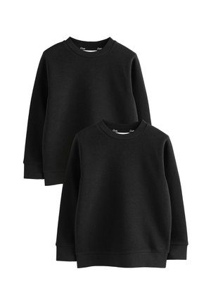 Two plain black crewneck sweatshirts, one adult-sized and one child-sized, with long sleeves and ribbed cuffs and hems.