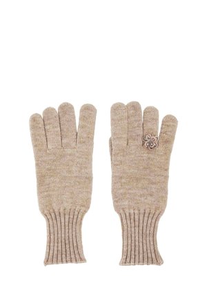 Pair of beige knit gloves, right glove features a small decorative flower brooch on the ring finger.