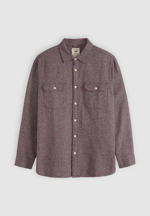 Long-sleeve button-up shirt in a maroon and gray speckled pattern, featuring two front pockets and white buttons. Soft textile finish.