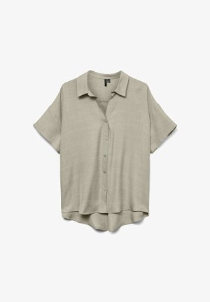 Beige kortærmet skjorte med krave og knapper, lavet af letvægtsstof, med let buet kant, vist fladt på hvid baggrund.