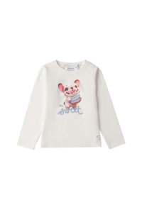 Weißes Langarm-T-Shirt mit einem bedruckten Cartoonhund, der einen Cupcake hält und dem Text "I'M SO Sweet" in Blau. Aus weichem Baumwollmaterial.