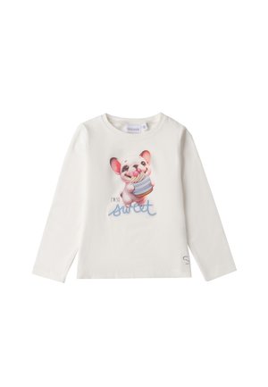 Camiseta de manga larga blanca con un perro de dibujos animados impreso sosteniendo un cupcake y el texto "SOY TAN Dulce" en azul. Material de algodón suave.