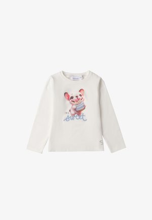 T-shirt bianco a maniche lunghe con stampa di un cane cartone animato che tiene un cupcake e la scritta "SONO COSÌ Dolce" in blu. Materiale in cotone morbido.