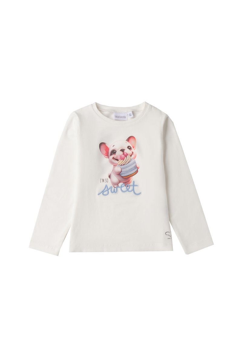 Weißes Langarm-T-Shirt mit einem bedruckten Cartoonhund, der einen Cupcake hält und dem Text "I'M SO Sweet" in Blau. Aus weichem Baumwollmaterial.